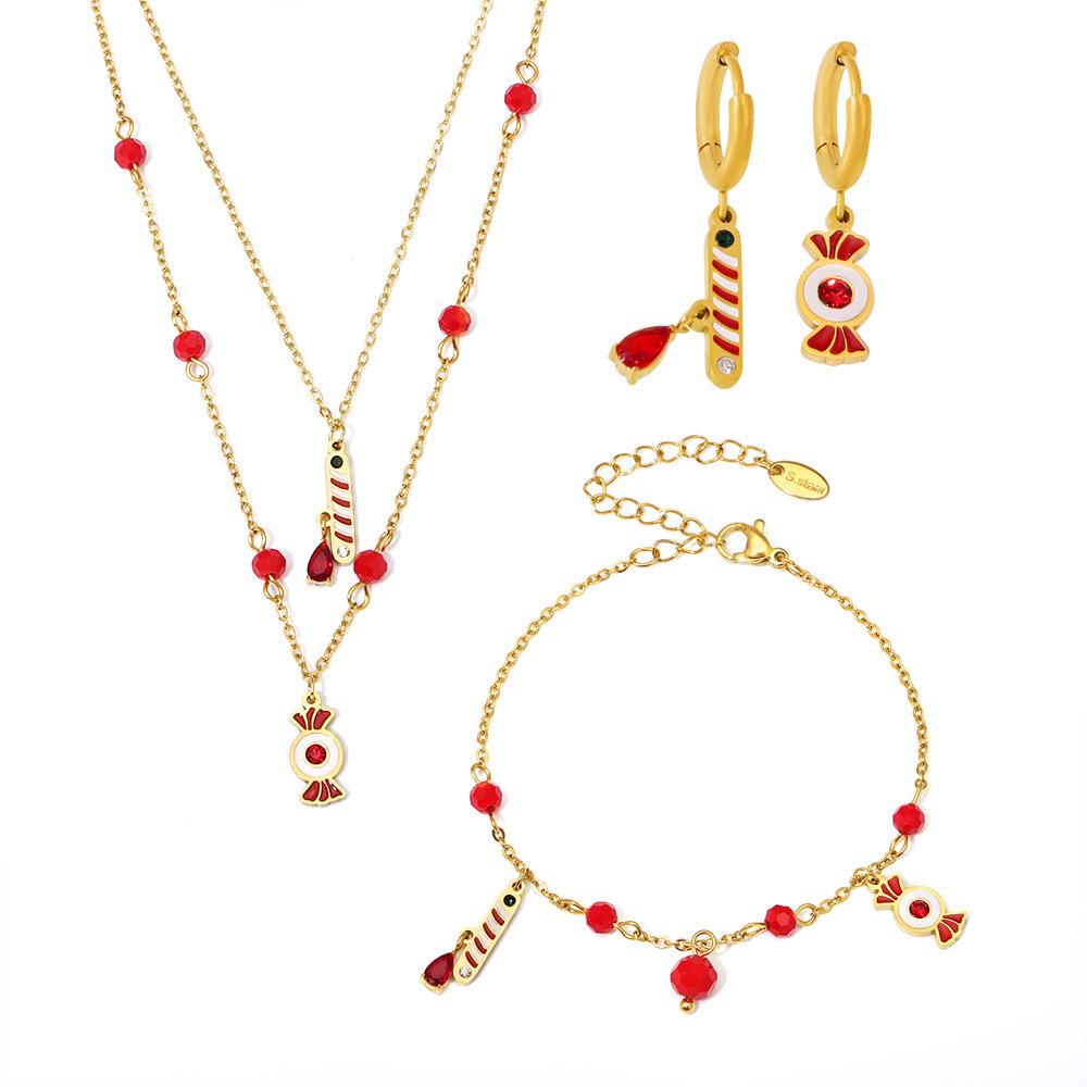 Qiong Yao Double Layer Garnet Jewelry Set: Necklace, Bracelet, Asymmetrical Earrings