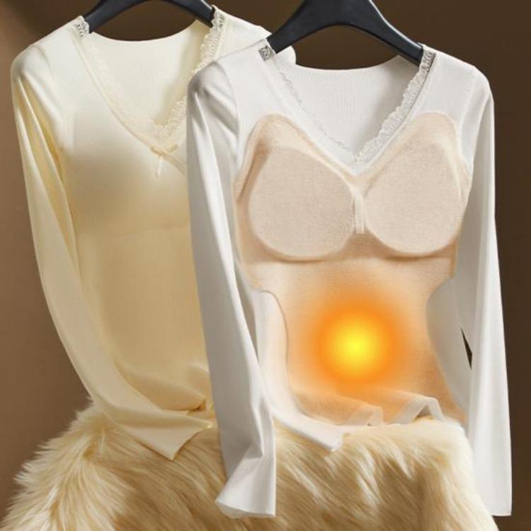 Winter Thermounterhemden für Damen Langarm Slim Fit V-Ausschnitt Spitzenbesatz Einfarbig Gepolsterte Innenschicht Hemd