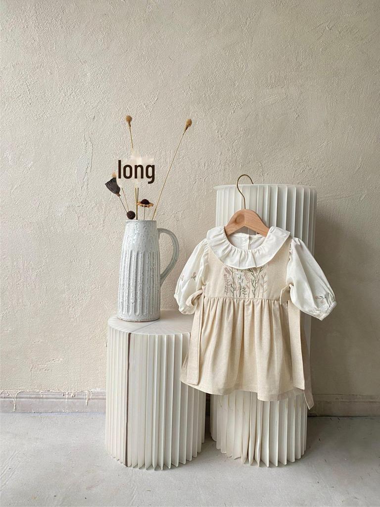 Baby Girls' Spring & Summer Floral Embroidered Butterfly Tie Apron Sleeveless Suspender Dress
