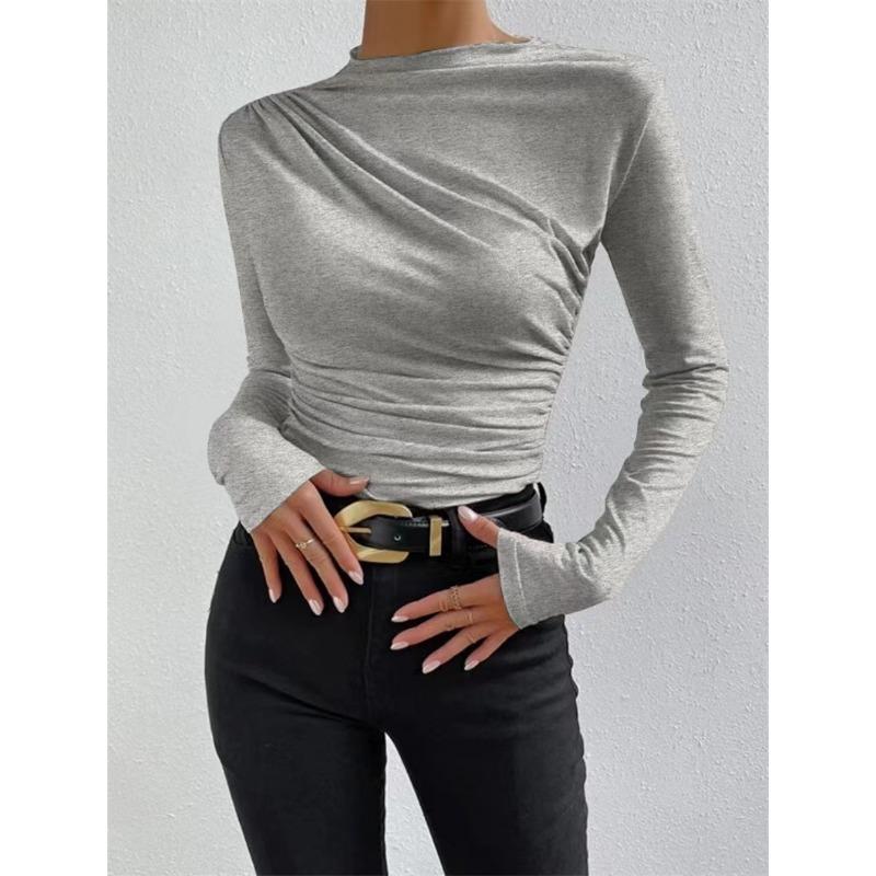 Fashion Long Sleeved Pleated Slim Fit Women T-shirt Solid Color Elegant Half Turtleneck Slim-fit Bottoming Tees Shirt Female Solid Color Basic Tops