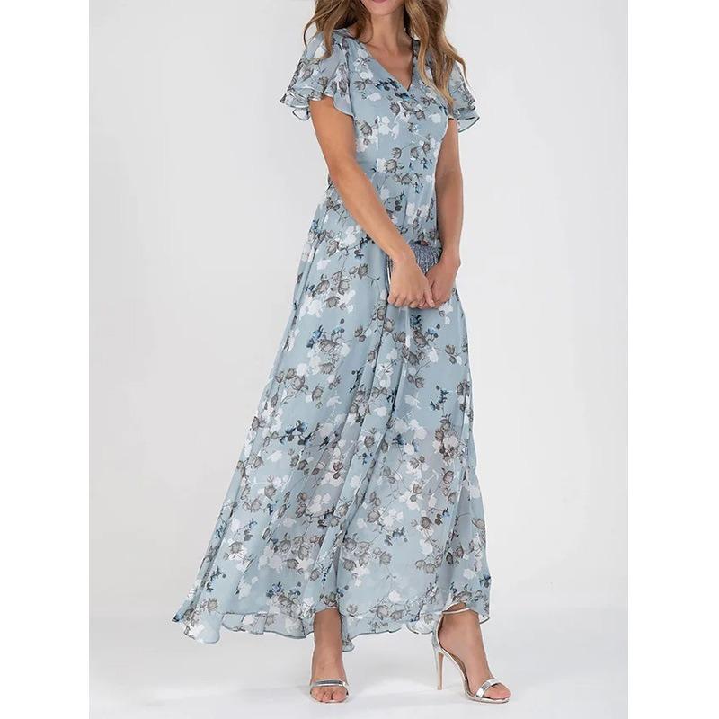 2025 New Beach Long Skirt Chiffon Floral Short Sleeved Ruffle V-neck Fashionable Waist Cinching Dress