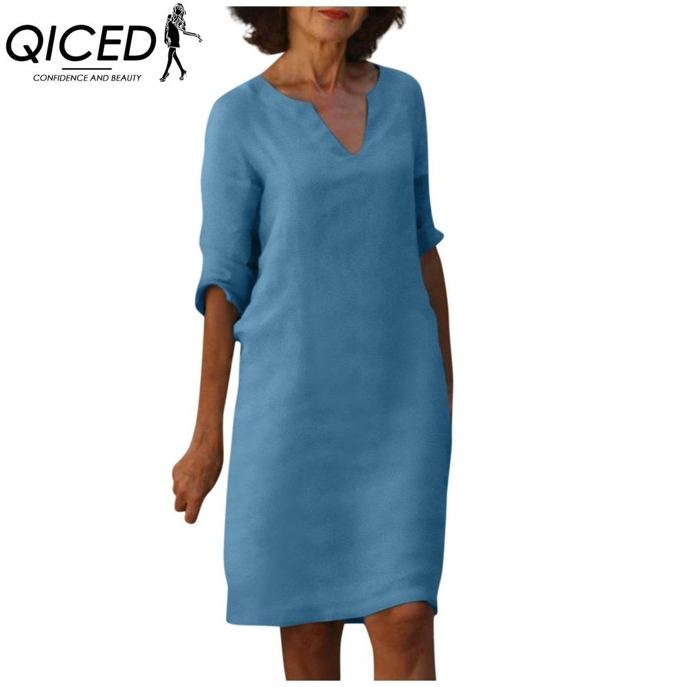 

QICED Women Summer Solid Color Cotton Linen Retro V-Neck Short Sleeve Dress Lightweight Breathable Dress XXXL светло-синий