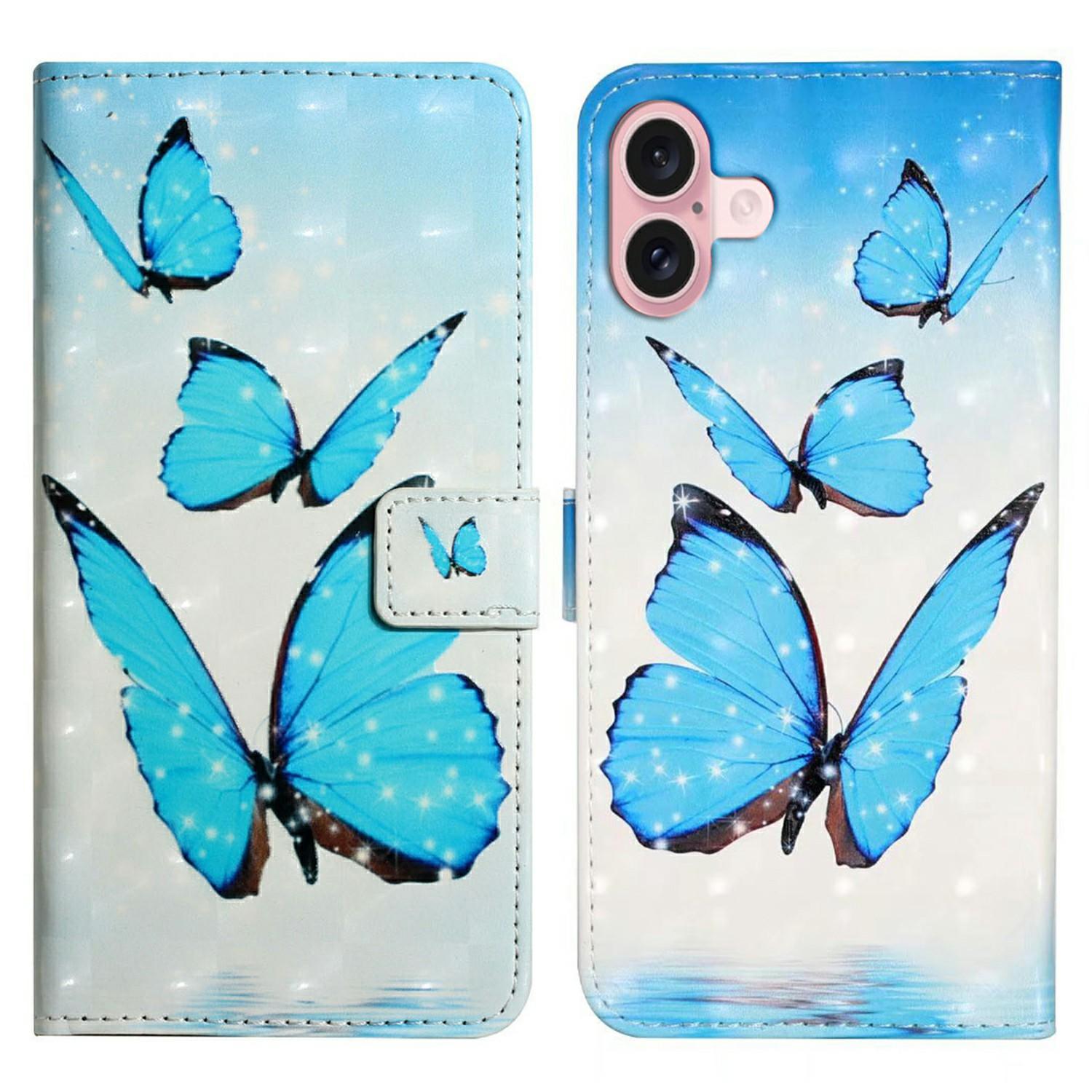 

For iPhone 16 Case 3D Creative Pattern PU Leather Stand Phone Cover Three Butterflies