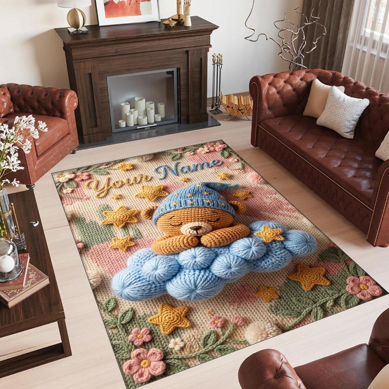 Teddy Bear Theme Crystal Velvet Rug Personalized Custom Name Text Soft Floor Mat Home Decor