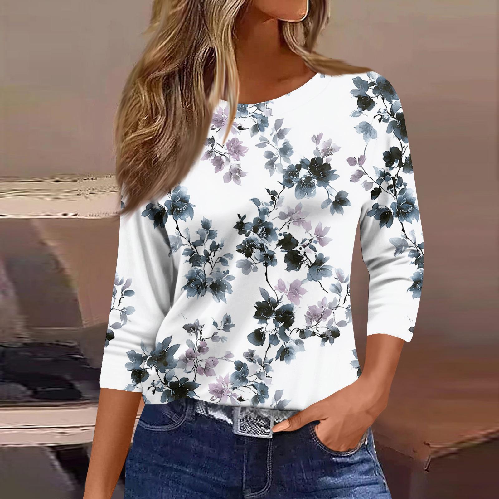 

Женская модная повседневная футболка с круглым вырезом, цветочным принтом и рукавами три четверти XL белый