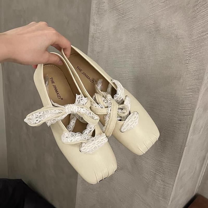 

Fashion SUOJIALUN 2025 Spring New Brand Women Flat Shoes Fashion Round Toe Lace Up Ladies Elegant Ballerina Shoes Flat Ballet Shoes 35 бежевый