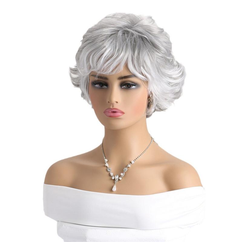 Natural Synthetic Short Curly Wigs Wig with Bangs Pixie Cut Wig for Women Cosplay Elder Lady Mommy Hair