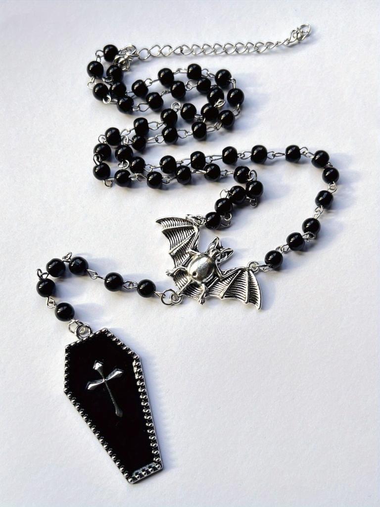 1pc Gothic Y2K Style Beaded Necklace with Bat & Red Cross Pendant - Black Beads, Copper Accents, Perfect for Parties, Graduations, and Travel, Gothic