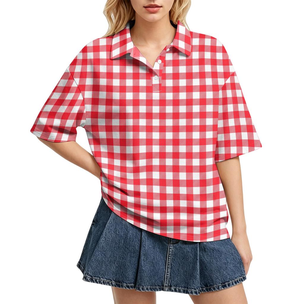 Women Casual Polo Shirt Loose Fit Short Sleeve Button Down Collar Checkered Pattern Lightweight Top for Daily Wear