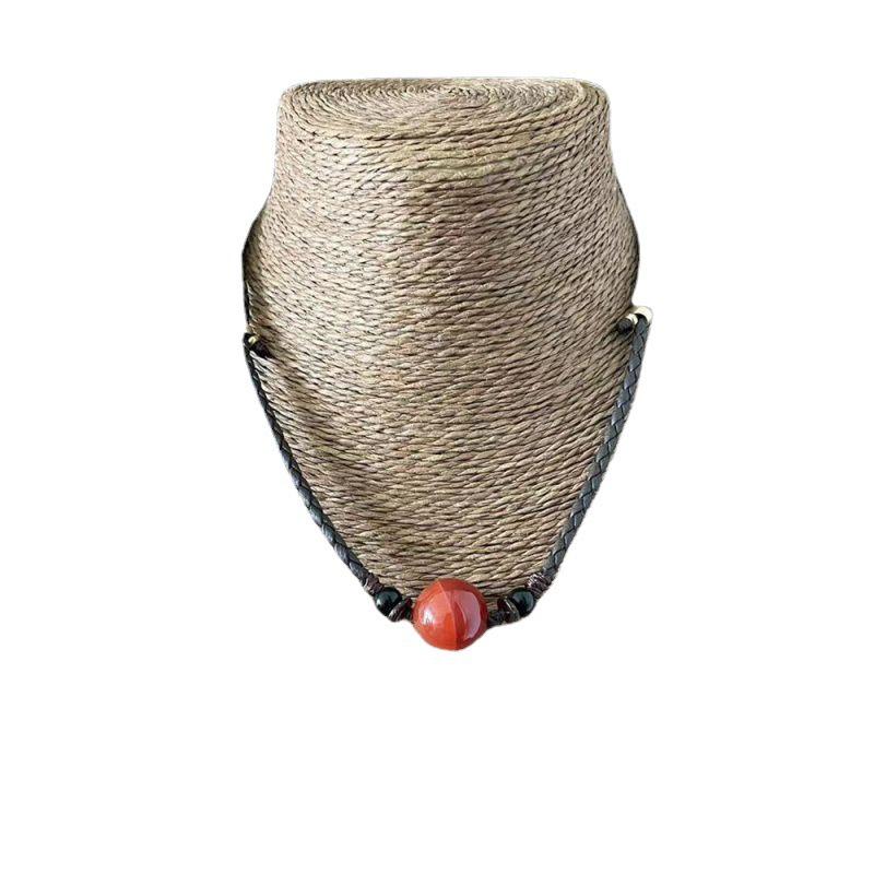 Dzi Bead Pendant Necklace: Amber, Leather & Woven Rope for Men & Women