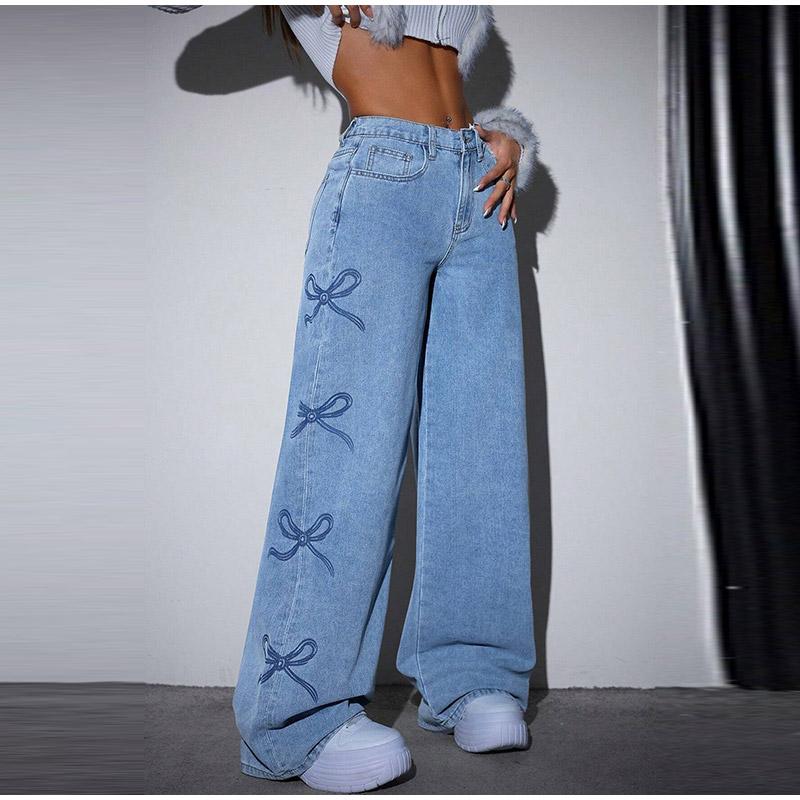 2026 Spring Summer New Korean Fashion Women Denim Pants Bow Design High Waist Loose Straight Distressed Baggy Jeans Female Streetwear