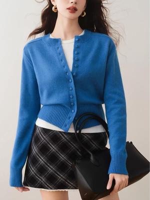 Ron Design Sense Slim Fit Blue Knit Cardigan - 2025 Early Autumn Collection: Round Neck, High-End, Casual Style