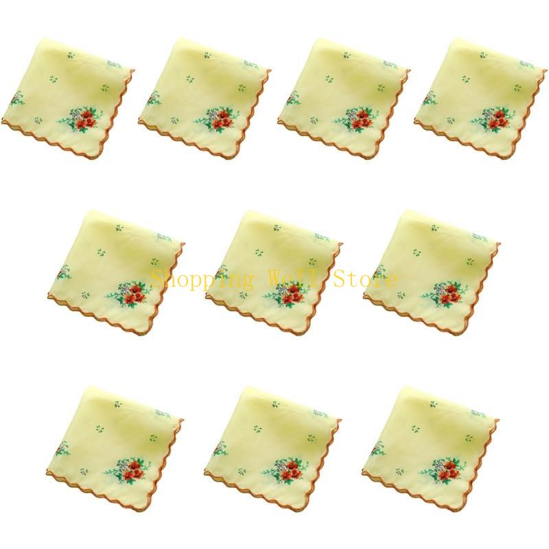 KX4B 10Pcs Cotton Embroidered Cotton Handkerchief Women Florals Hanky