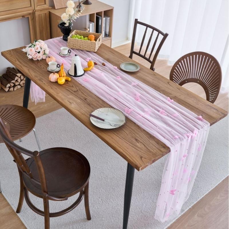 Mesh Lace Table Runner With Beaded and Embroidery 3D Butterfly Sheer Tulle Fabric Tablecloth For Dining Table Decors
