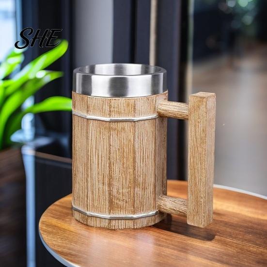 Food Grade Beer Mug Wood Barrel Mug, 600ml Stainless Steel Liner Stein, Durable Stein Rustic Tankard for Pub Home Bar Party Gift Vintage Style