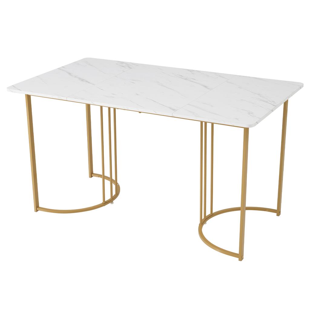 Dining Set (5-pc), Dining Table with 4 Chairs, 140×80cm Kitchen Table with Golden Metal Legs, MDF Tabletop In White, Dark Green Velvet Dining Chairs