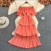Women Hotsweet Chiffon Sundress Strap Cake Backless Sheath Bodycon Long Dress Vacation Retro Elastic Beach Dress