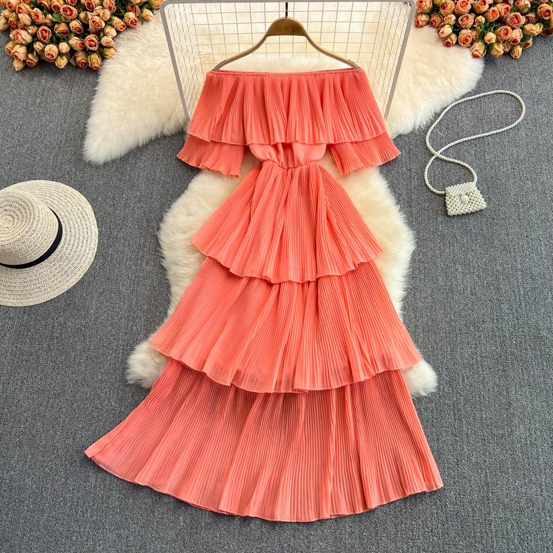 Women Hotsweet Chiffon Sundress Strap Cake Backless Sheath Bodycon Long Dress Vacation Retro Elastic Beach Dress