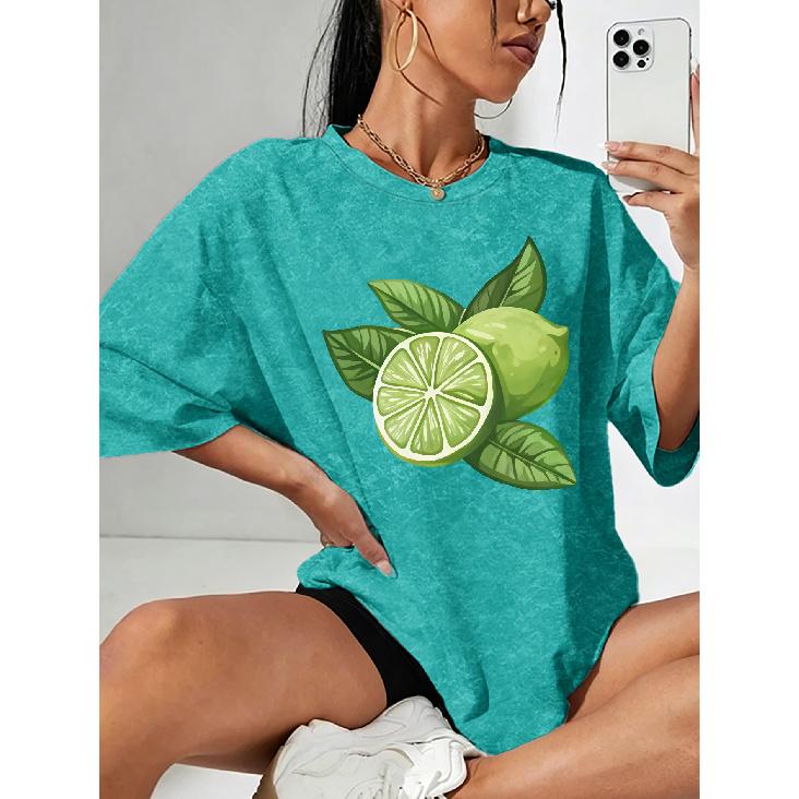 Sommer Neu Limettenscheibe Fruchtprint Schneeflocke Kurzarmhemd T-Shirt Top Rundhalsausschnitt, leicht und atmungsaktiv, geeignet für Frühling, Sommer und Herbst