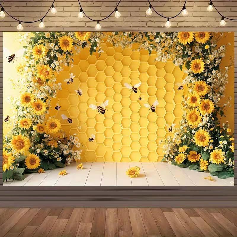 

2D Honeycomb Bee Party Tapestry, Sunflower Floral Arch Wall Decor 47.2x31.5inch/120*80cm