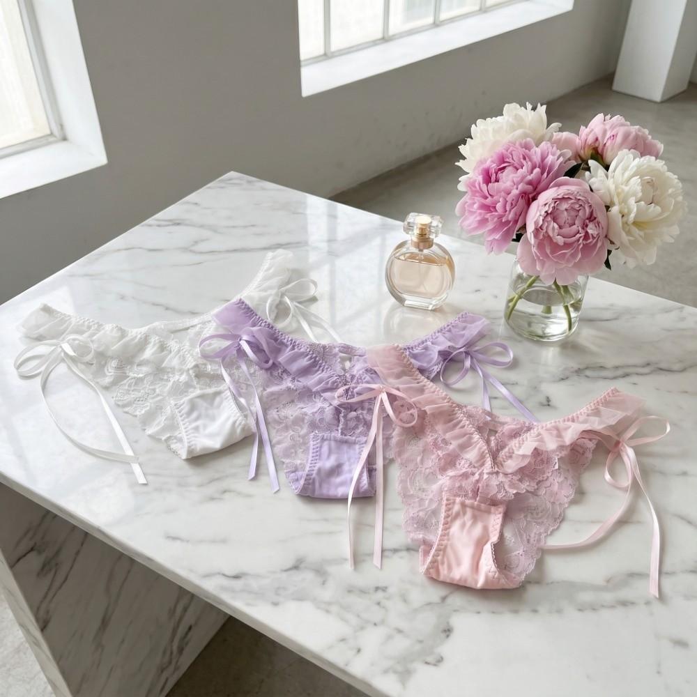 Mesh Ruffle Floral Bowknot Panties Bow Ribbon Underpants Lace Flower Transparent Briefs Lady