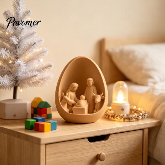 Desktop Decorative Ornament 3D Printed Egg‑Shaped Nativity Scene Figurine, Holy Family Manger Durable PLA Plastic Sculpture Decor, Minimalist