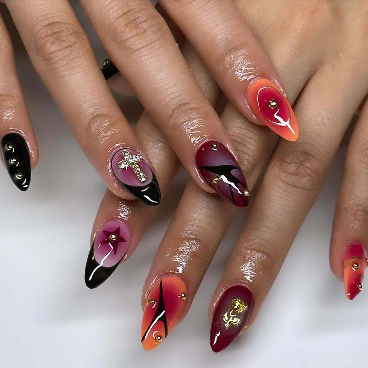 3D Rhinestone Rose Almond Gradient False Nails - European French Style