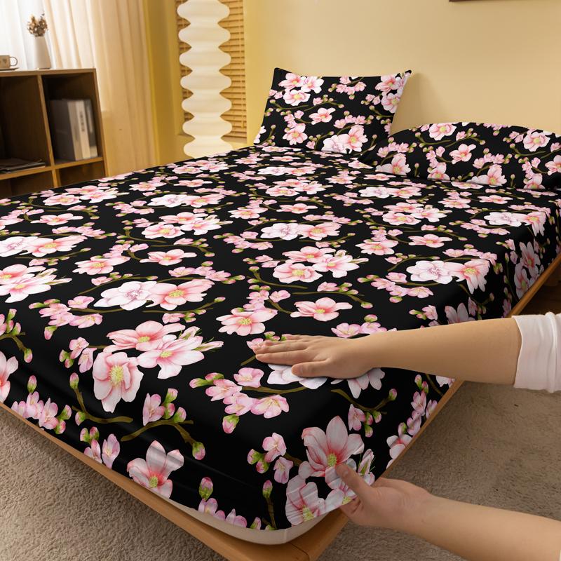 1 Simple Modern Plant Flower  Printed Matte Fitted Sheet, Bedroom Printed Bed Cover, Bedding (Excluding Pillowcases)