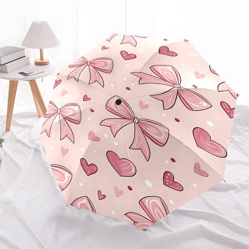 

Pink Bow and Heart Patterned Automatic Opening Folding Umbrella with 8 Bone Iron Frame,Suitable for Fans,Travelers,Daily Use,and Festive