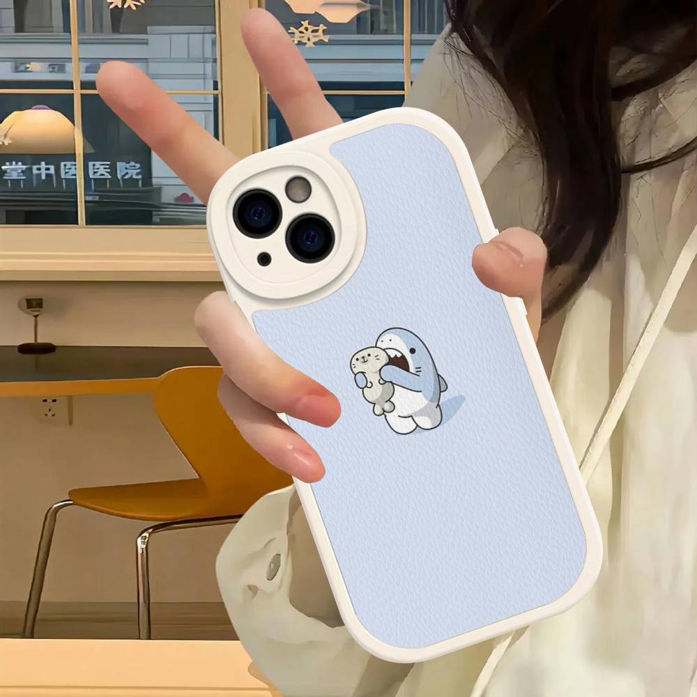 Cute anime Shark Leather Phone Case For iPhone 16 15 14 17 Pro Max 11 12 Mini Plus Soft Shell