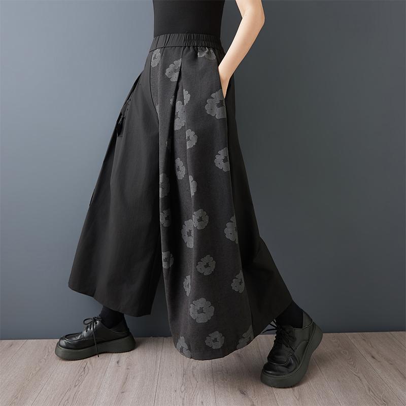DIMANAF 2026 Plus Size Women New Long Pants Black Floral Loose Trousers Big Size Casual Spring Summer Bottoms Skirts