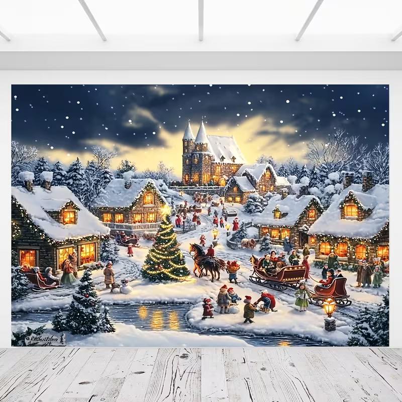 2D Cozy Winter Christmas Backdrop, Snow-Covered Village with Lights & Holiday Activities