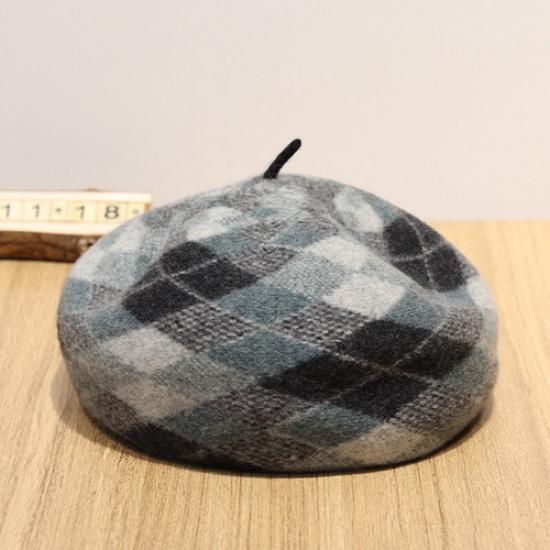 Women Retro Wool Plaid Plain Beret Hat Cap Winter French Beanie Casual Warm Hat