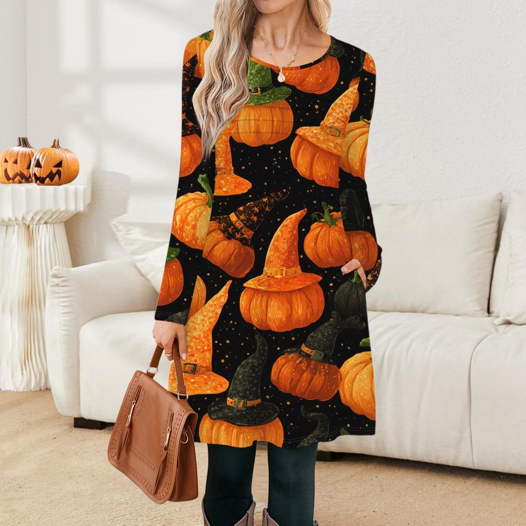 Damen Langarmkleid Herbst Freizeit T-Shirt Lockere Passform Plissiertes Vorderteil Kleider mit Taschen