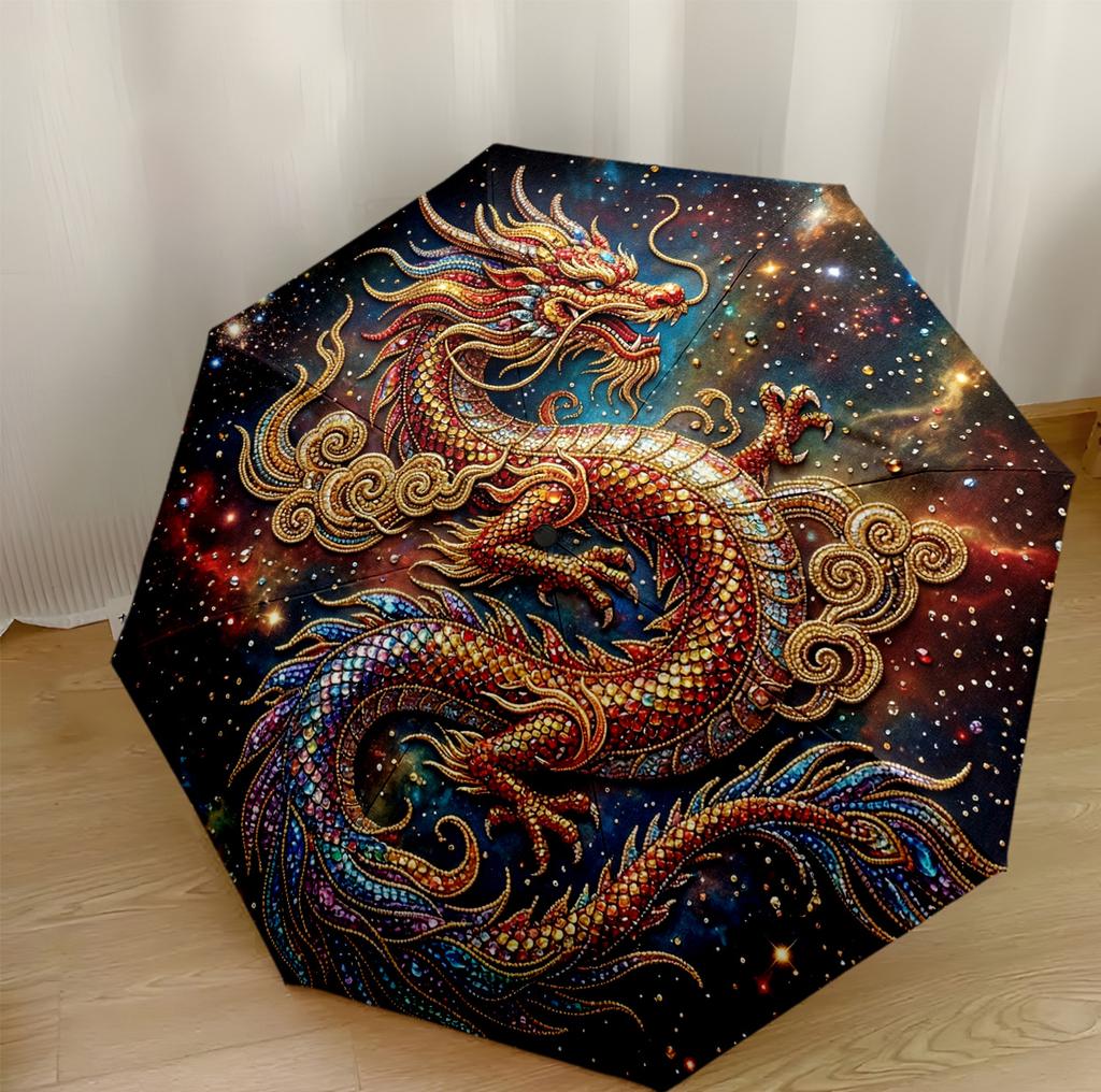 Red Dragon Circle Portable Automatic Umbrella Compact & Durable 8-Rib Design Lightweight Travel Essential Elegant Women's Umbrella