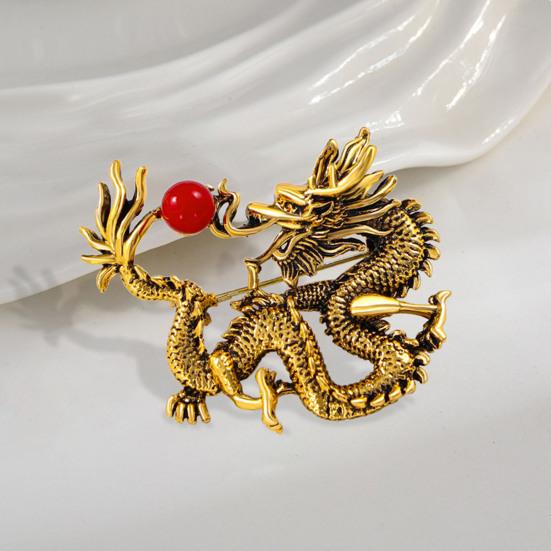 Chinese Style Zodiac Dragon Brooch Faux Pearl Decor Spring Festival Pin Cartoon Animal Shape Suit Lapel Hat Bag Badge