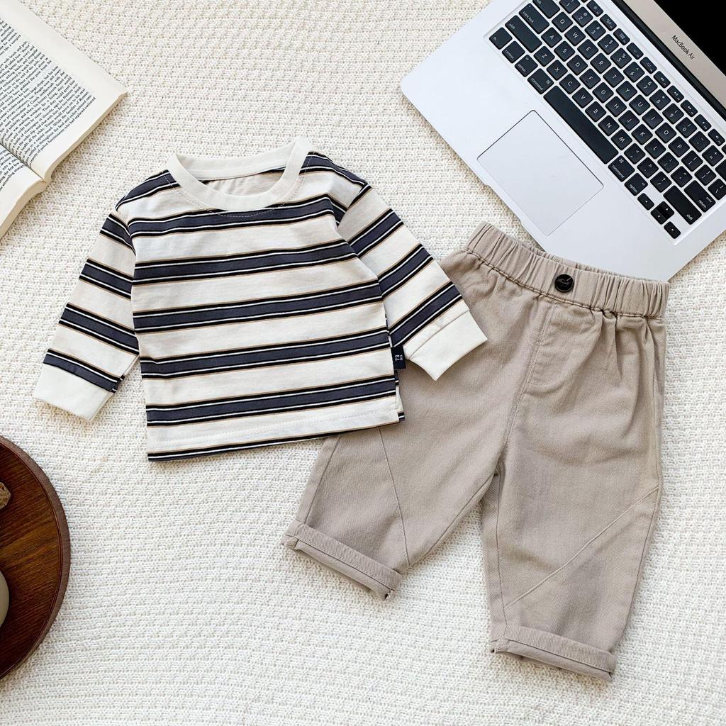 Koreansk randig långärmad baby-t-shirt för pojkar och flickor - Vår/Hösttopp