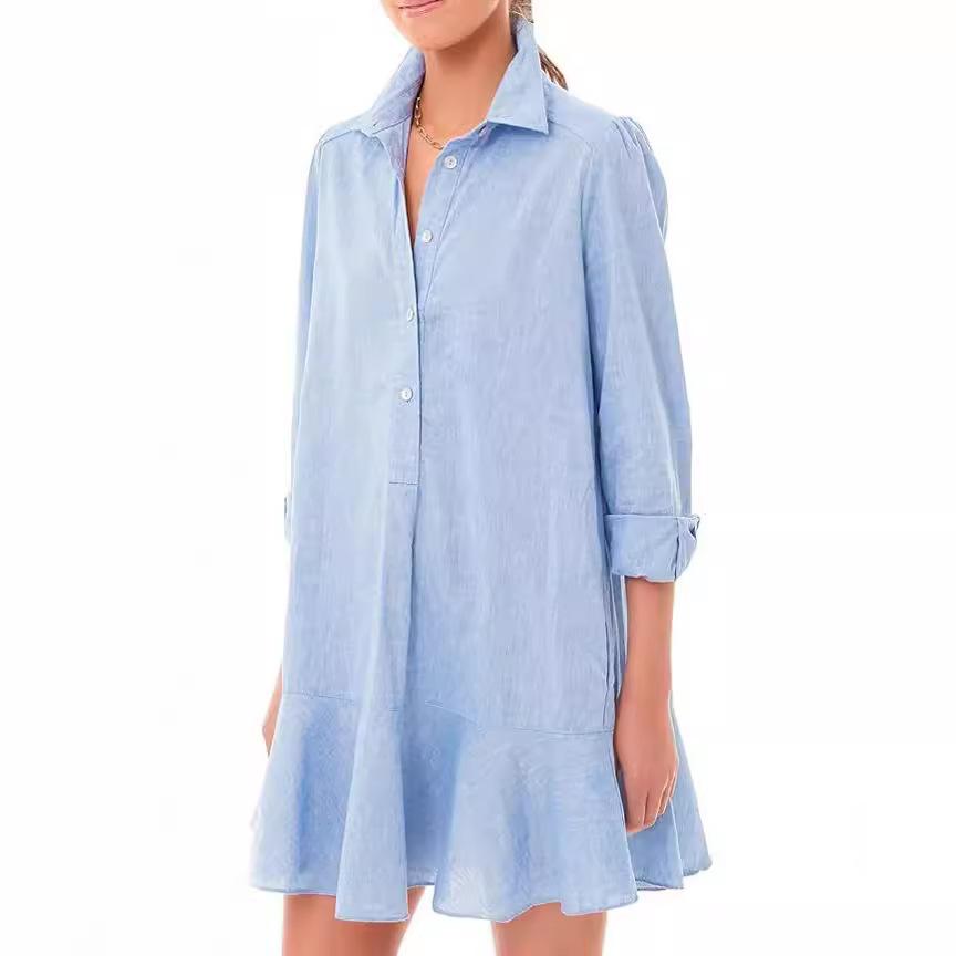 Frühling Sommer Damen Langarm Saum Rüschen Kleider