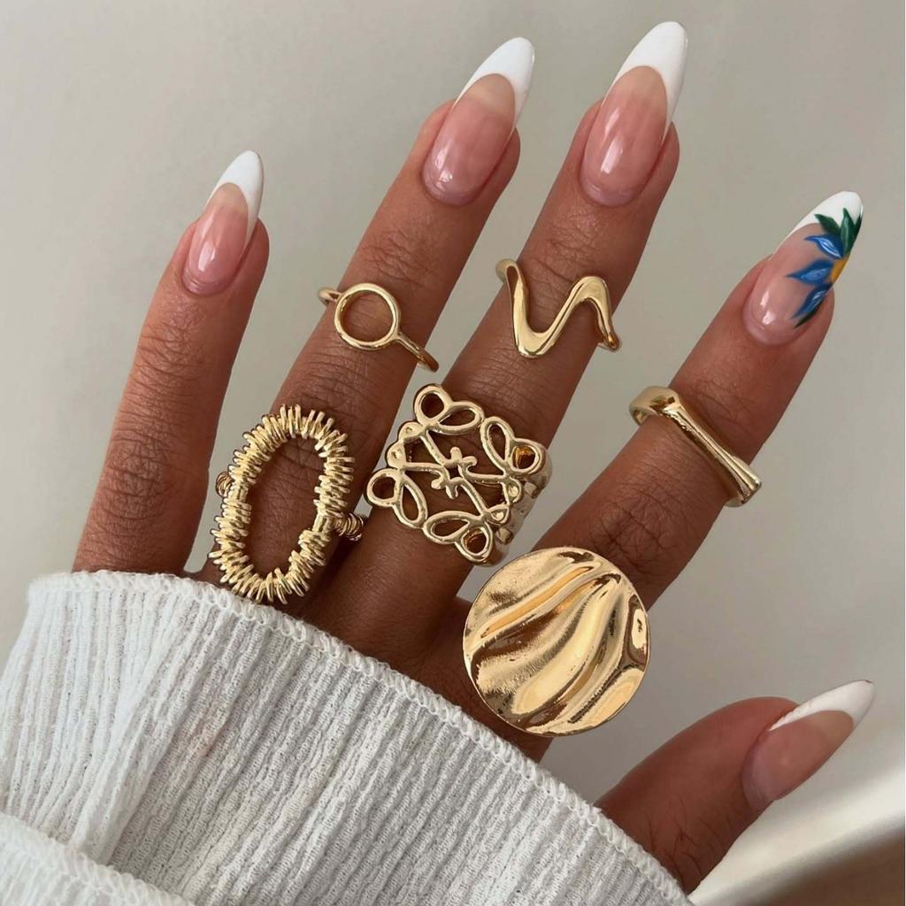 Trendy Multi-layer Winding Geometric Imitation Pearl Hollowed-out Cuff Rings Set for Women Metallic Minimalism Niche Chic Ring
