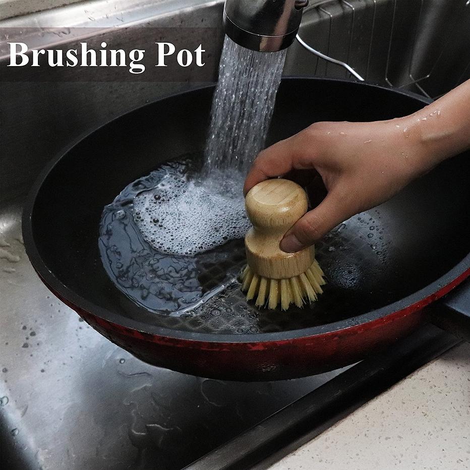 Bamboo Dish Scrub Brush Soap Dish Kitchen Wooden Dish Scrubber Cleaning Brush for Washing Dish Cast Iron Pan Pot