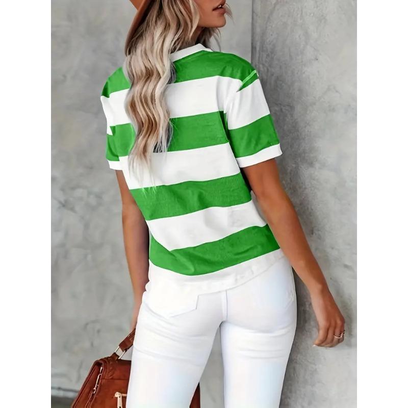 Short Sleeve Striped T-Shirt, Crew Neck Casual Top For Summer & Spring, Women's Clothing