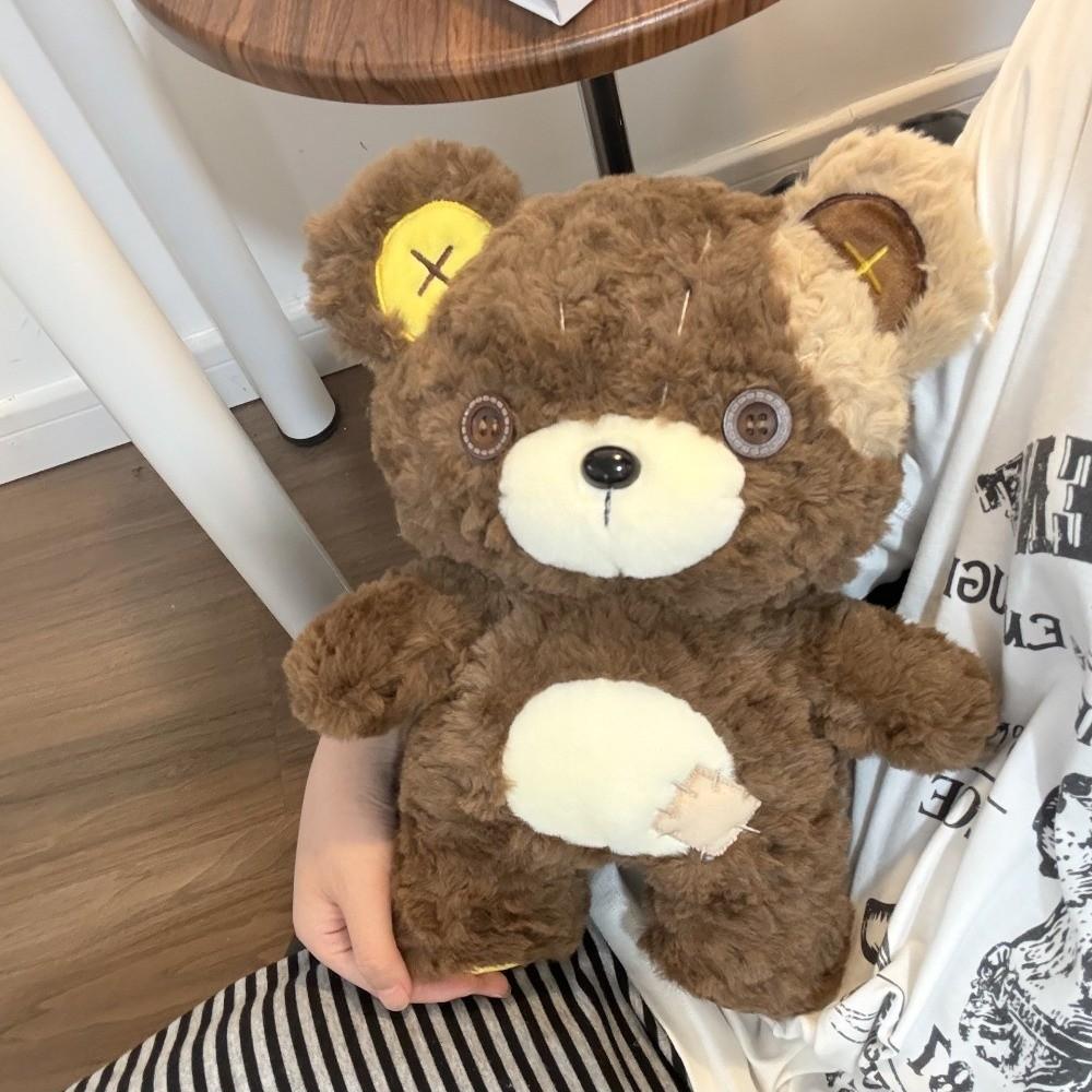 Soft Bear Plush Toy Patchwork Bear Stuffed Doll Kawaii Button Bear Plush Doll Birthday Gifts