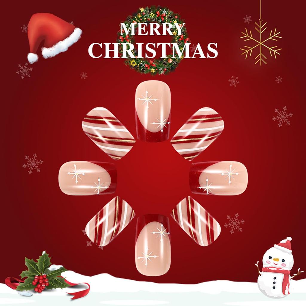 Christmas Press on Nails Medium Square Fake Nails Xmas Nails Press ons with Winterberry,Candy Cane,Snowflake,Santa Hat Design Reusable Artificial