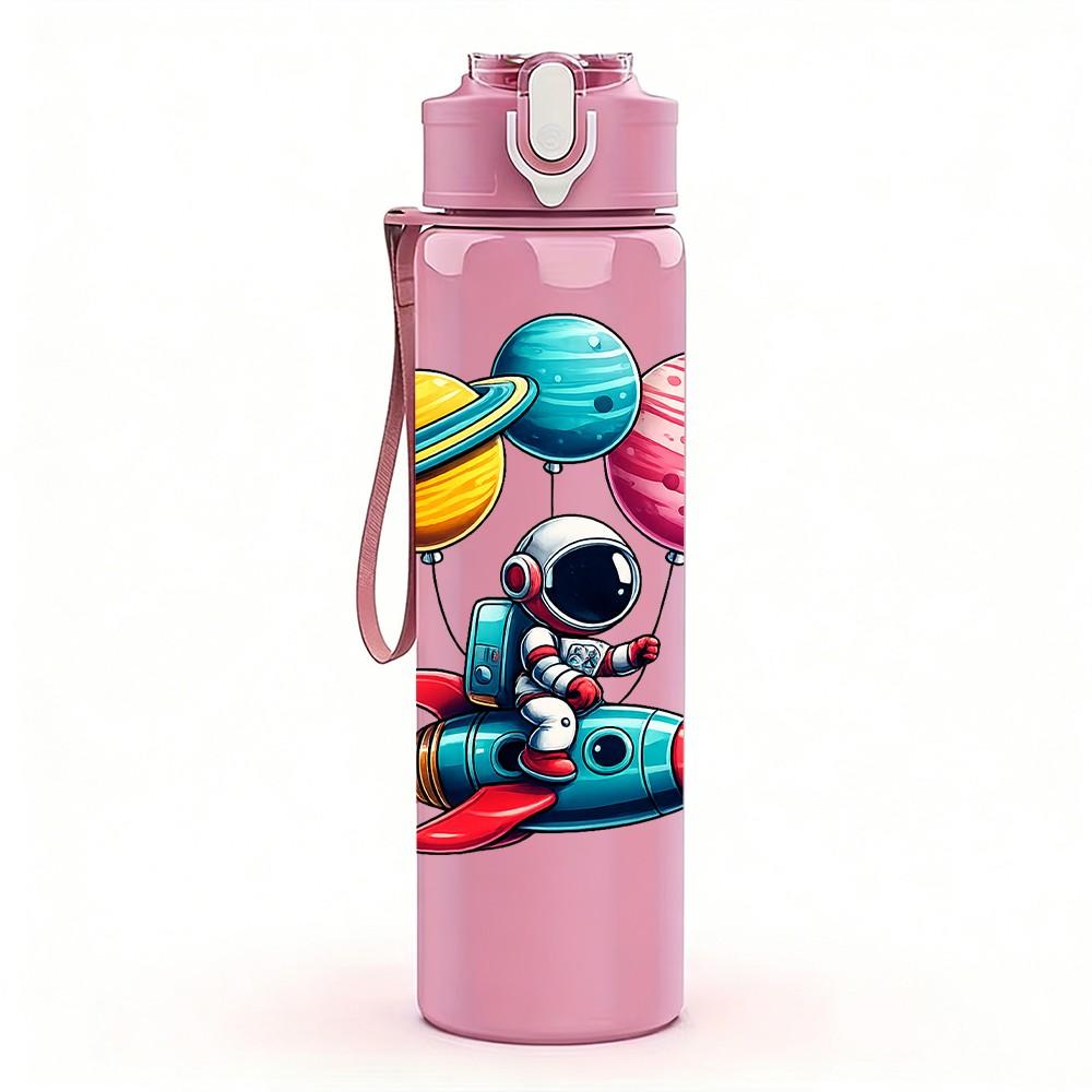 1PC Spaceman Play Toy Planet Cartoon Print 750ml Color Plastic Sports Water Bottle Leakproof Flip Straw Lid Suitable for Sports Office Home Use