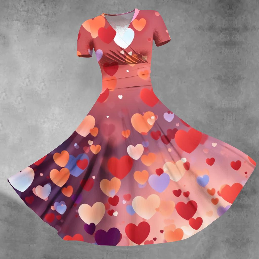 Women's Princess Dress Sexy V-neck Valentine's Day Print Waist Pull Pleated Short Sleeve Dress