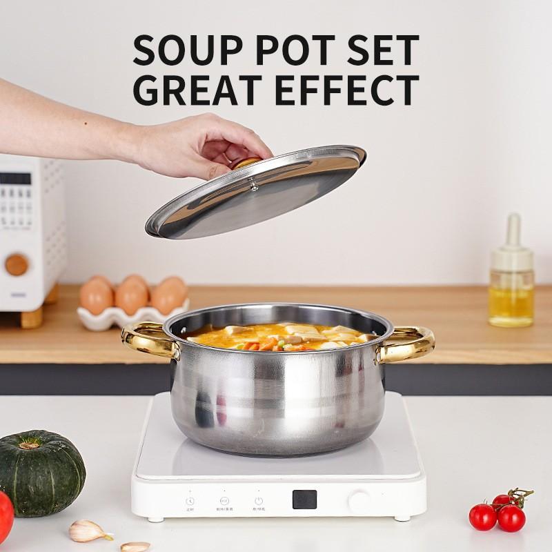 Stainless Steel Cookware Set 10-Piece Gold Handle Soup Pot Kit With Lids Modern Kitchenware Gas Electric Induction