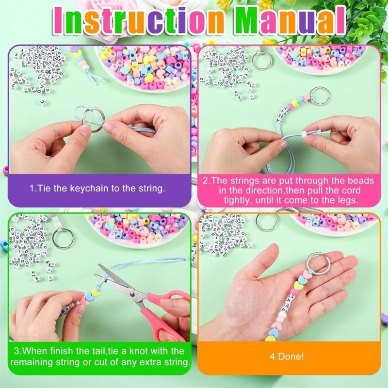 DIY Beaded Keychain Craft Kit, 566-Piece Set with Letter Beads, Cords and Metal Key Rings for Personalized Name Designs