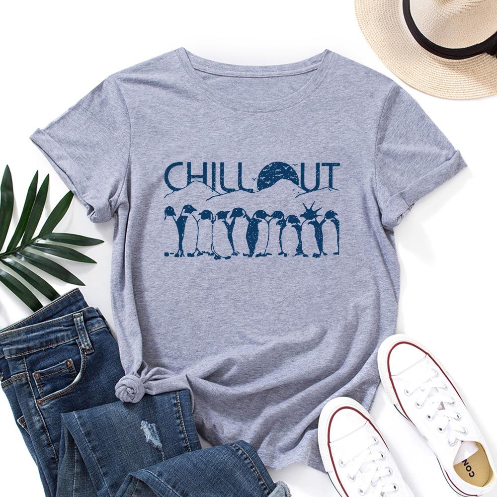 Penguin Cotton T-Shirt Short Sleeve Round Neck Women 2d Print Tops