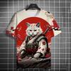 Summer Men's Fashion Casual Print Men's Cat Warrior Guard with Knife Art Print Hooded T-Shirt Round Neck Street T-Shirt Top