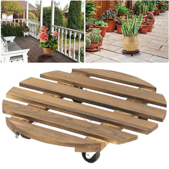 Wooden Flower Pot Tray Round Plant Rolling Board Outdoor Weatherproof Plant Pot Base with 360° Rotating Wheels for Indoor Outdoor Potted Plants